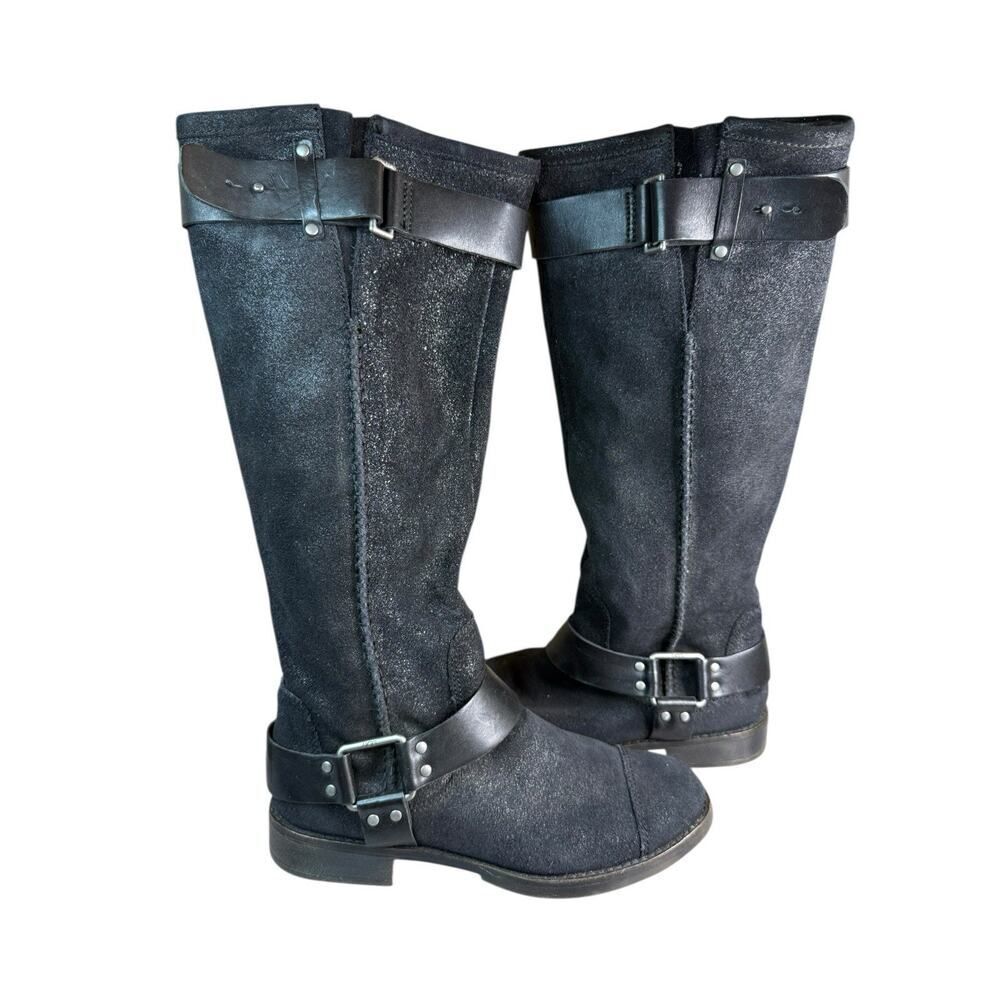UGG Dree Black Leather Suede Harness Knee Boots Size 7 Round Toe Pull-On Moto